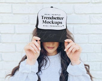 Otto Trucker Cap Mockup, 39-169 Black White Baseball Hat Mockup, Mesh Hat Mock-up, Lifestyle Mockup, Baseball Cap Mockup, Real Person Model