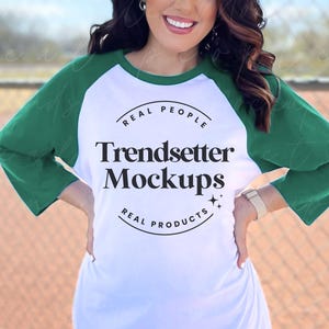 Bella Canvas 3200 Mockup, Kelly Green White Raglan Mock-up, B3200 3/4 Sleeve Baseball Tee, Real Person Model