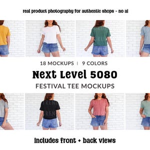 Puede incluir: Imagen promocional que muestra una variedad de maquetas de camisetas Festival Tee Next Level 5080 en diferentes colores. La imagen incluye vistas delanteras y traseras de las camisetas, con el texto "Next Level 5080" y "Festival Tee Mockups". La imagen también indica "real product photography for authentic shops - no ai".