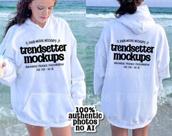 Gildan 18500 White Hoodie Mockup, G18500 Front & Back Views, Summer Beach Lifestyle, Real Model