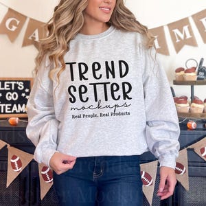 Gildan 18000 Ash Mockup, G18000 Grey Fall Football Crewneck Sweatshirt Mock-up, Trendy Game Day TShirt, Instant Download, Real Person Model