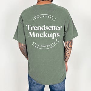 Comfort Colors 1717 Moss Mockup, CC1717 Mens Back of Shirt Mock-up, Green Crewneck Tshirt, Real Person Male Model, PNG Image
