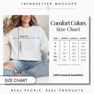 Tabla de tallas Comfort Colors 1566, sudadera de cuello redondo para adultos CC1566, tabla de tallas unisex POD, descarga instantánea, alta calidad, modelo de persona real