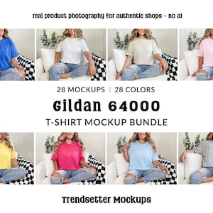 Könnte beinhalten: Produkt-Mockup-Bild mit Gildan 64000 T-Shirts in verschiedenen Farben. Der Text "28 MOCKUPS | 28 COLORS" und "T-SHIRT MOCKUP BUNDLE" ist enthalten. Der Satz "real product photography for authentic shops - no ai" ist ebenfalls sichtbar.