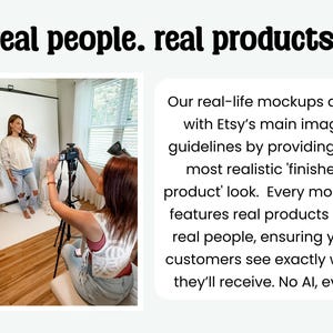 The image is a collage of two photos. In the first photo, a woman is posing in front of a white background, and in the second photo, a woman is taking a photo of the woman in the first photo. The text above the collage states "real people. real products."