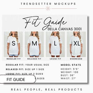 May include: A white Bella Canvas 3001 t-shirt fit guide. The guide shows four models wearing different sizes: S, M, L, and XL. The guide includes model stats: height 5'5", weight 130 lbs, bust 36", and waist 27". The text "Fit Guide" is also present.