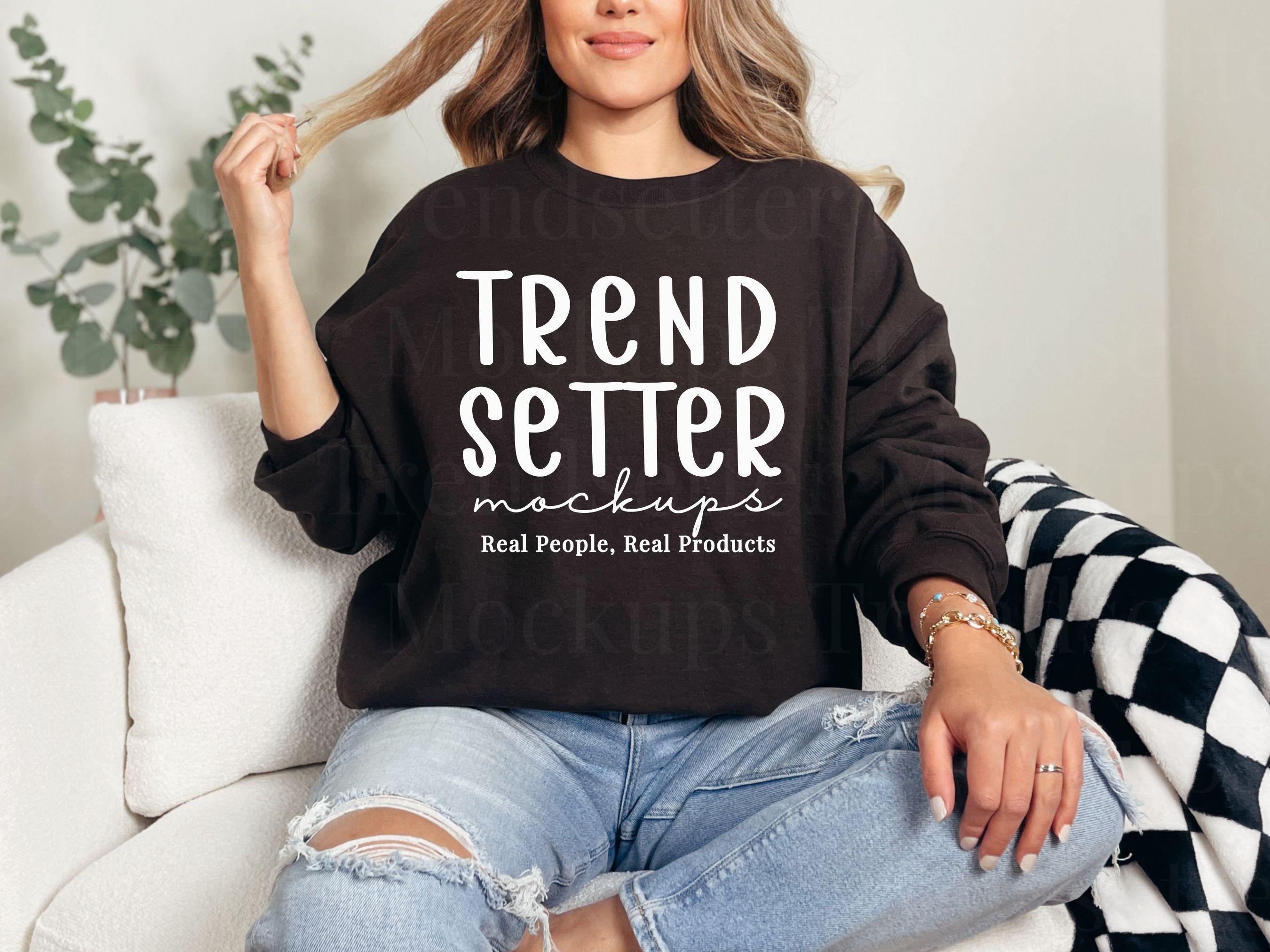 Gildan 18000 Dark Chocolate Mockup, G18000 Crewneck Sweatshirt Boho Mock-up, Trendy Minimalist Brown Pullover, Real Person Model