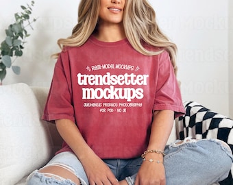Comfort Colors 1717 Crimson Mockup, CC1717 T-Shirt, Real Person Model
