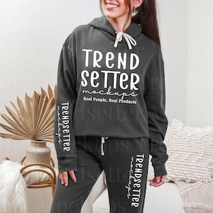 Comfort Colors 1467, 1469 Pepper Set Mockup | CC1469 Fleece Sweatpants | CC1467 Sleeve Design Mock-up | Real Person Model | Cozy Aesthetic