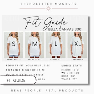 Bella Canvas 3001 Passformführer, BC3001 Größentabelle, T-Shirt-Größentabelle, Bella Canvas Mockup, Tshirt-Messungen, Modellgröße, POD PNG