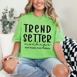 Gildan 64000 Lime Mockup, G64000 Simple Oversized Green Tee Mock-up, Trendy Checkered Mock, High Quality G640 PNG, Real Human Model