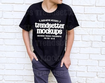 Gildan 5000B Black Mockup, Kids Youth T-Shirt, Real Person Model