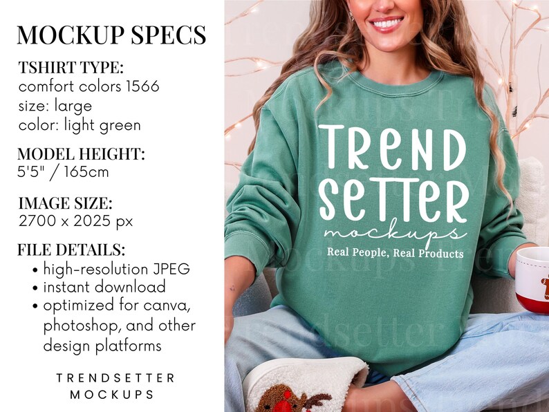 Light Green Comfort Colors 1566 Christmas Mockup, CC1566 Crewneck Sweatshirt, Real Model (Digital) image 3