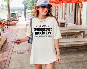 Comfort Colors 1717 Ivory Shirt Mockup, CC1717 Oversized Tee, Trendy Outdoor Lifestyle, Real Model