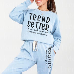 Comfort Colors 1466, 1469 Hydrangea Set Mockup | CC1469 Fleece Sweatpants | CC1466 Crewneck Sweatshirt | Real Person Model | Cozy Aesthetic