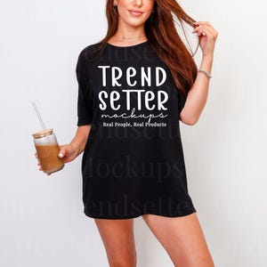 Gildan 64000 Black Tshirt Mockup | G64000 Black T-Shirt Mock-up | Real Person Model | G640 Softstyle Tee | Trendy Minimalist Aesthetic