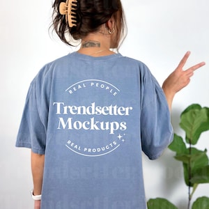 Back of Shirt Comfort Colors 1717 Blue Jean Mockup, Oversized Tee Horizonal Mock-up, Trendy CC1717 Blue Mockup, Real Person Model
