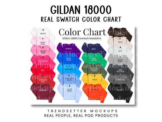 Gildan 18000 Sweatshirt Color Chart: Real Photo Mockup (PNG Digital Download)