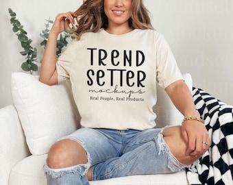 Bella Canvas 3001 Soft Cream Mockup, BC3001 Trendy Checkered Mock-Up, Simple Blank Tshirt Mock for POD Shops, Real Person Model