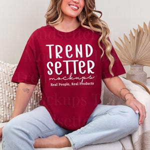 Gildan 64000 Cardinal Red Tshirt Mockup | G64000 Cardinal Red T-Shirt Mock-up | Real Model | G640 Softstyle Tee | Trendy Boho Aesthetic