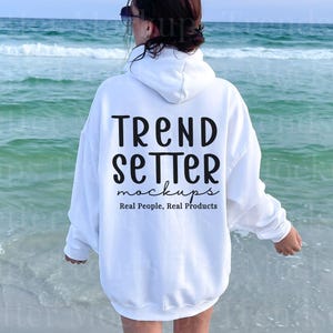 Back of Shirt Gildan 18500 White MockUp, G18500 Beach Hooded Mock-up, White Sweatshirt Summer Aesthetic, Real Person Model