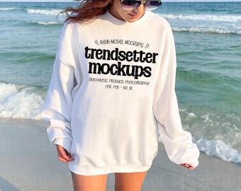 Gildan 18000 White Mockup, G18000 Crewneck Sweatshirt, Beach Lifestyle, Real Model