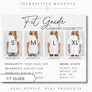 Comfort Colors 1717 Fit Guide, CC1717 Größentabelle, T-Shirt-Größentabelle, Comfort Colors Mockup, Tshirt-Messungen, POD-Modellgröße