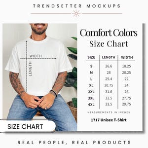 Tabla de tallas de colores cómodos para hombre, guía de medidas de la camiseta CC1717, foto de modelo real