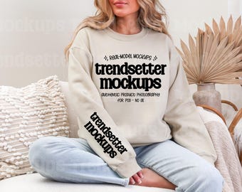 Gildan 18000 Sand Sweatshirt Mockup, Boho G18000 Sleeve Mock, Real Person Model