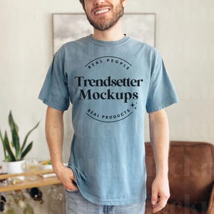 Comfort Colors 1717 Ice Blue Mockup, CC1717 Mens Mock up, Blue Tee Shirt Mock-Up, Aesthetic Male Mockup Model, Real Person Model