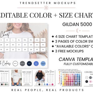 Editable Gildan 5000 Color and Size Chart, Gildan 5000 Color Chart, Gildan 5000 Size Chart, Customizable Canva Template, Gildan Color Guide