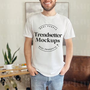 Comfort Colors 1717 White MockUp, CC1717 Mens Mock up, White Tee Shirt Mock-Up, Aesthetic Male Mockup Model, Real Person Model