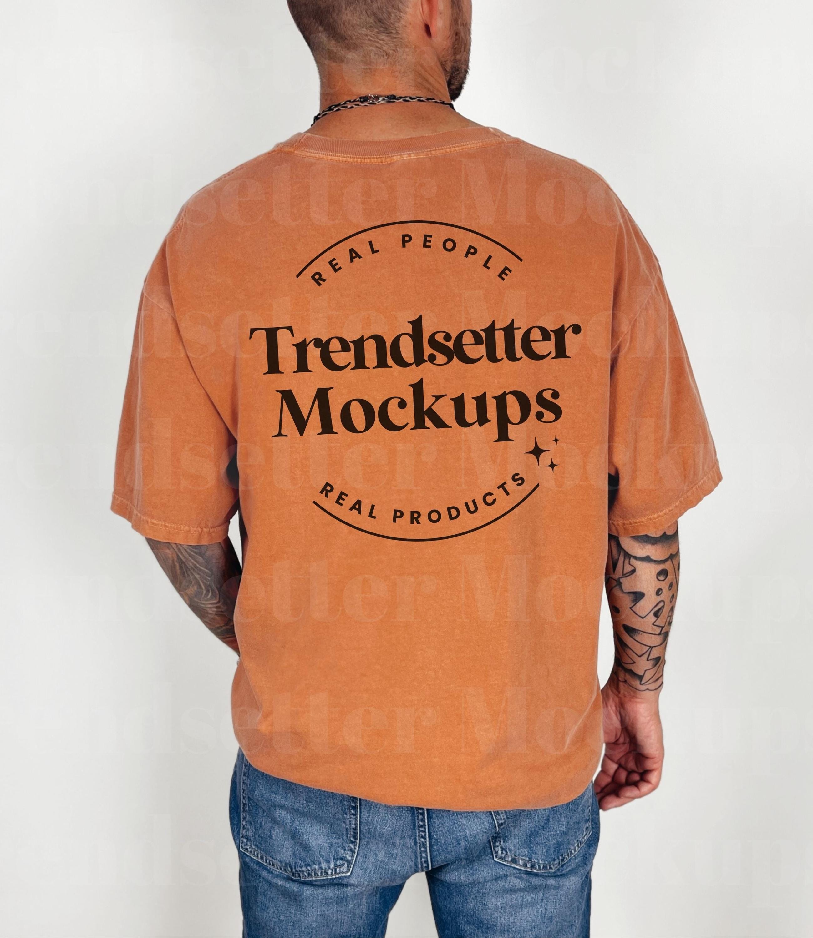 Comfort Colors 1717 Yam Mockup, CC1717 Mens Back of Shirt Mock-up, Trendy Orange Crewneck Tshirt, Real Person Male Model, PNG Image