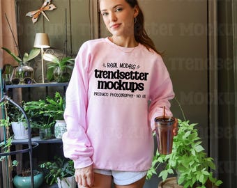 Gildan 18000 Light Pink Mockup, G18000 Crewneck Sweatshirt, Boho Lifestyle, Real Person Model