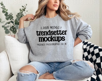 Gildan 18000 Sport Grey Mockup, G18000 Crewneck Sweatshirt, Real Model