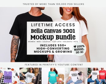 May include: A promotional image featuring a black and white t-shirt. The text on the image reads "Bella canvas 3001 Mockup Bundle" and "Includes 550+ High-Converting Mockups & Growing". The image also states "100% Human, no AI".