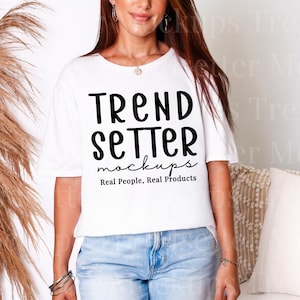 Gildan 64000 White TShirt Mockup | Gildan 64000 Shirt Mock-up | Real Person Model | Mock for POD | Trendy Minimalist Boho Aesthetic