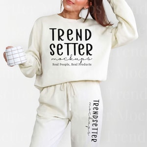 Comfort Colors 1466, 1469 Ivory Set Mockup | CC1469 Fleece Sweatpants | CC1466 Crewneck Sweatshirt | Real Person Model | Cozy Aesthetic