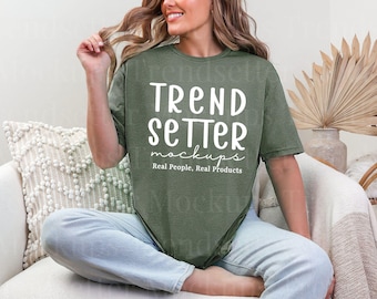 Gildan 64000 Heather Military Green Mockup | G64000 Military Green T-Shirt Mock-up | Real Model Mockup | Trendy Boho Aesthetic