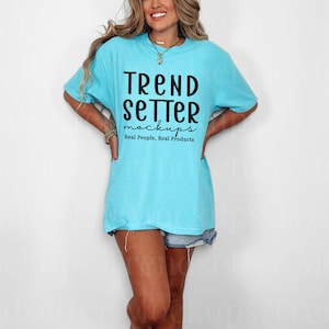 Comfort Colors 1717 Lagoon Blue Mockup, CC1717 Oversized Tee Horizonal Mock-up, Trendy Minimalist Mockup, Styled Crewneck, Real Person Model