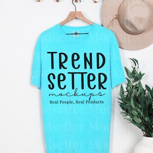 Comfort Colors 1717 Lagoon Blue Tshirt Flatlay Mockup | CC1717 Blue Flat Lay Mock-up | Oversized Tee Shirt | Trendy Minimalist Boho Mock