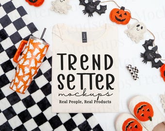 Gildan 64000 Natural Halloween Mockup, G64000 T-Shirt Flat Lay, No AI