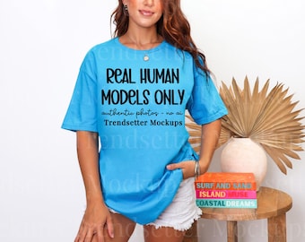 Gildan 64000 Sapphire Tshirt Mockup | G64000 Sapphire Softstyle T-Shirt Mock-up | Real Person Model | Bright Summer Beach Aesthetic