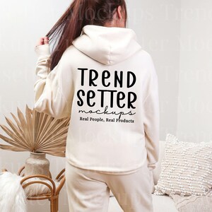 Comfort Colors 1467, 1469 Ivory Set Mockup | CC1469 Fleece Sweatpants | C1467 Back of Hoodie Mock-up | Real Person Model | Cozy Aesthetic