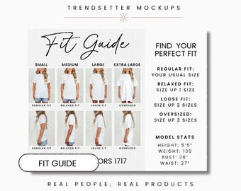 May include: A white graphic with the text "Fit Guide" and "Find Your Perfect Fit". It shows examples of different shirt fits: regular, relaxed, loose, and oversized. Model stats include height 5'5", weight 130 lbs, bust 36", and waist 27".