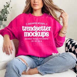 Gildan 18000 Sweatshirt Mockup, Real Person Model, Minimalist Pink Pullover (Digital Download)