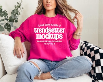 Gildan 18000 Heliconia Mockup, G18000 Crewneck Sweatshirt, Real Person Model