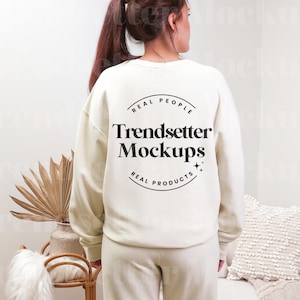 Comfort Colors 1466, 1469 Ivory Set Mockup | CC1469 Fleece Sweatpants | CC1466 Back of Sweatshirt | Real Person Model | Cozy Aesthetic