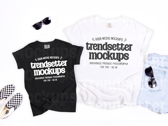 Comfort Colors 9018 Black & 1717 White T-Shirt Mockup, Mommy and Me Matching Tees, Minimalist Flat Lay, No AI