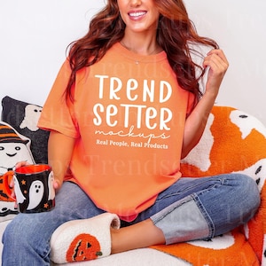 Mockup da camiseta Comfort Colors 1717 Melon | Mockup da camiseta CC1717 Melon | Modelo real | Mockup para impressão sob demanda | Estética moderna de Halloween